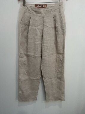 IVKO Women's Pleated Linen Ankle Pants in Light Beige